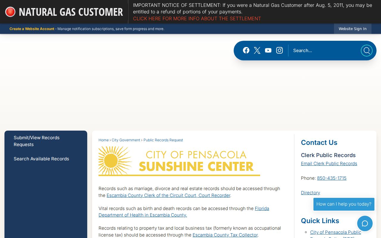 Pensacola public records request and custodian routing page