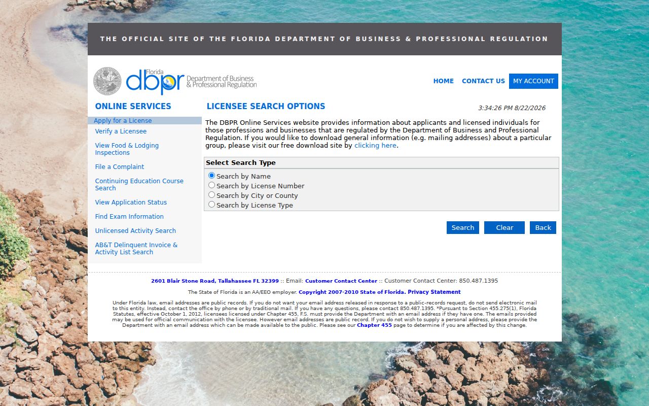 Pensacola resident lookup Florida DBPR license portal