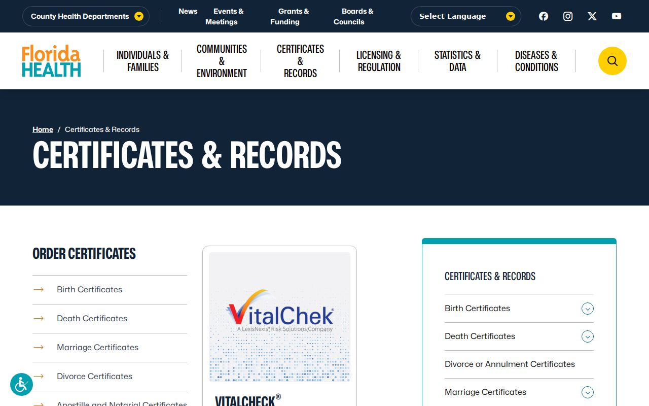 Pensacola resident lookup Florida vital certificates