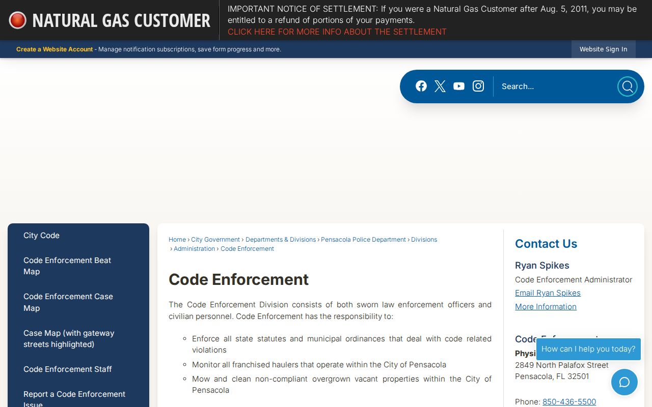 Pensacola Code Enforcement address records access page