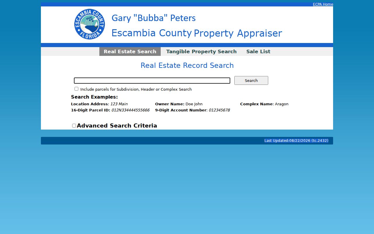 Escambia County Property Appraiser Pensacola address search form